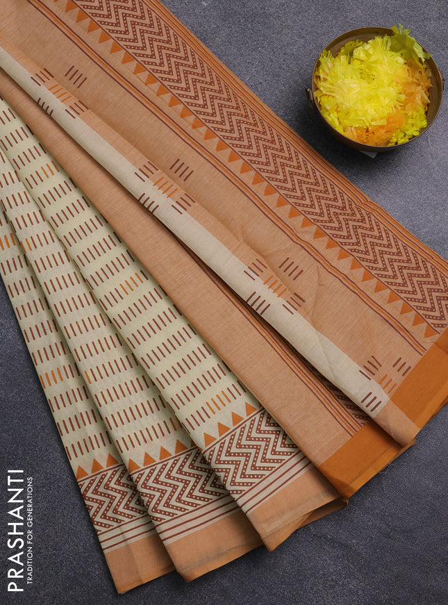 Chirala cotton saree pale yellow and dark mustard with allover prints and printed border