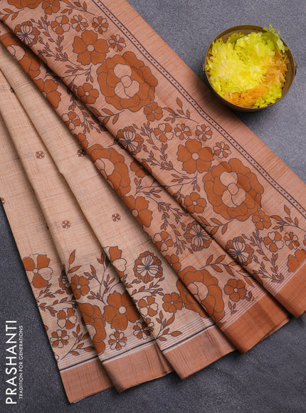 Chirala cotton saree pale orange and rust shade with allover butta prints and long floral printed border