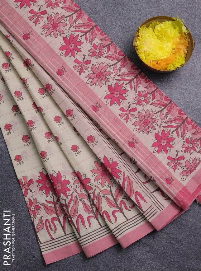 Chirala cotton saree beige and pink with allover butta prints and long floral printed border