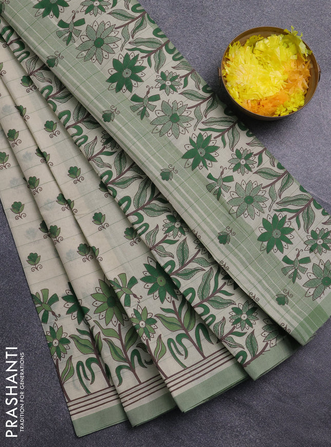 Chirala cotton saree beige and green with allover butta prints and long floral printed border