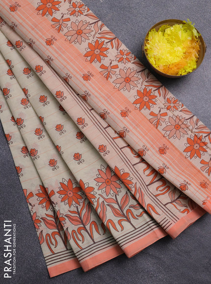 Chirala cotton saree beige and orange with allover butta prints and long floral printed border
