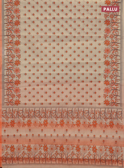 Chirala cotton saree beige and orange with allover butta prints and long floral printed border