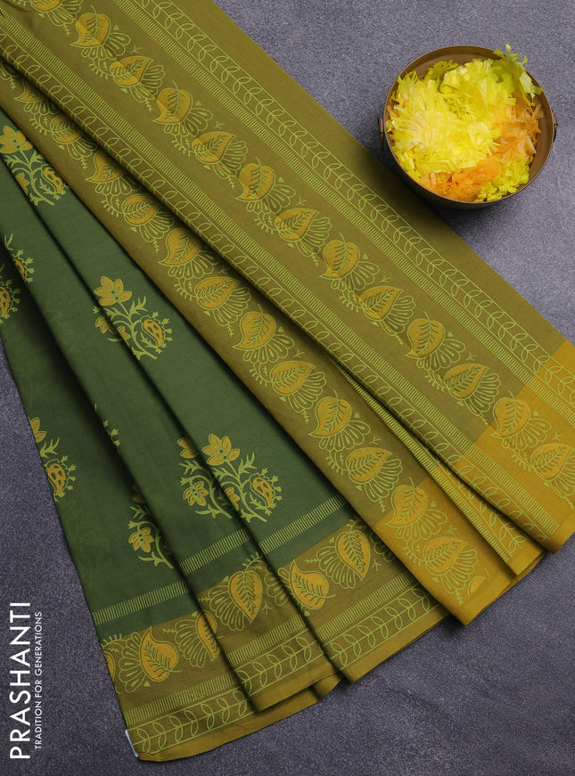 Chirala cotton saree green and mustard yellow with allover butta prints and printed border