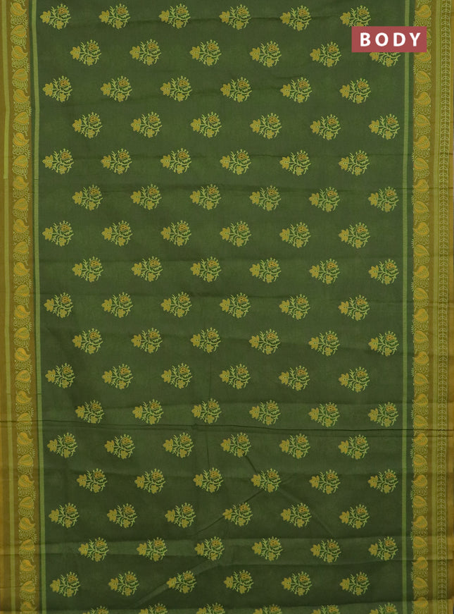 Chirala cotton saree green and mustard yellow with allover butta prints and printed border