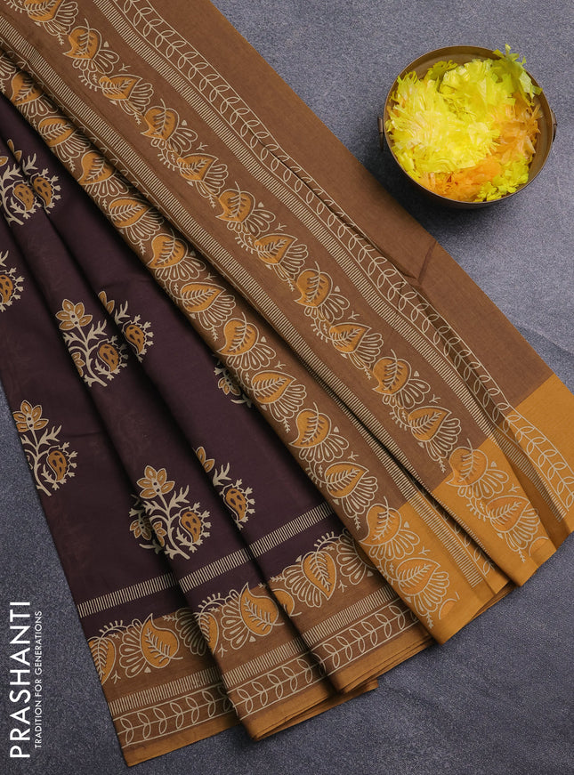 Chirala cotton saree coffee brown and dark mustard with allover butta prints and printed border