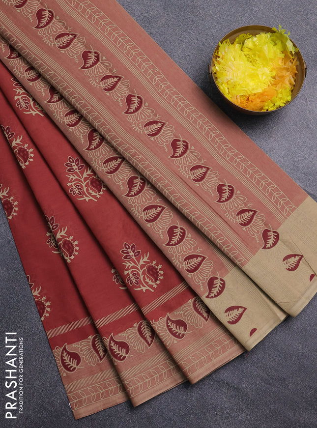 Chirala cotton saree dark peach and sandal with allover butta prints and printed border