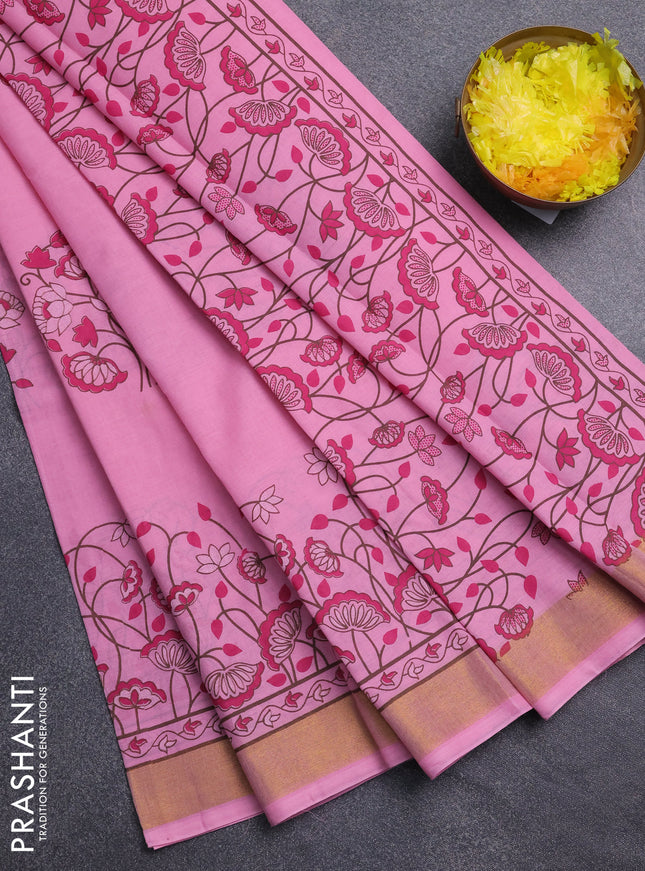 Chirala cotton saree light pink with floral butta prints and printed zari border
