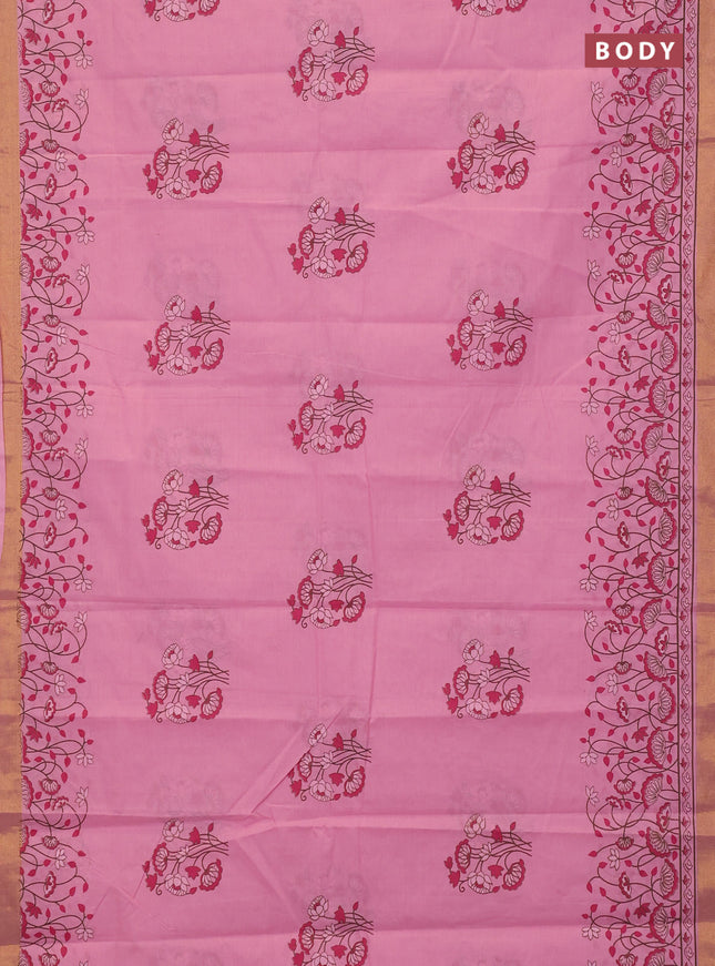 Chirala cotton saree light pink with floral butta prints and printed zari border