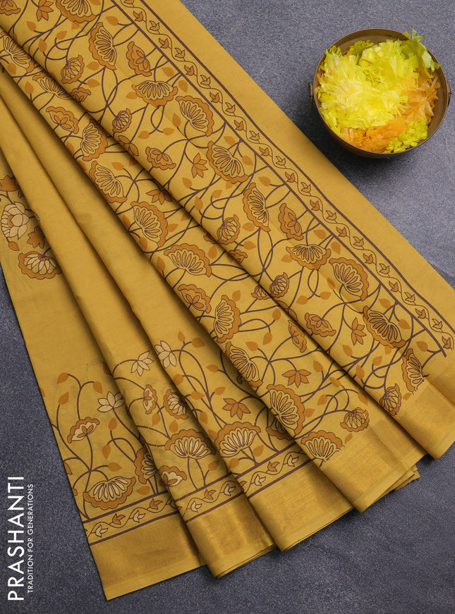 Chirala cotton saree yellow shade with floral butta prints and printed zari border