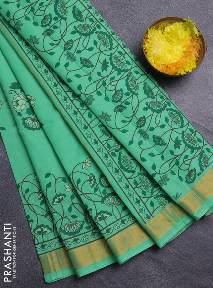 Chirala cotton saree teal green shade with floral butta prints and printed zari border