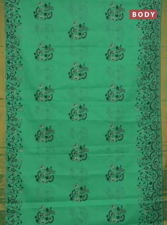 Chirala cotton saree teal green shade with floral butta prints and printed zari border
