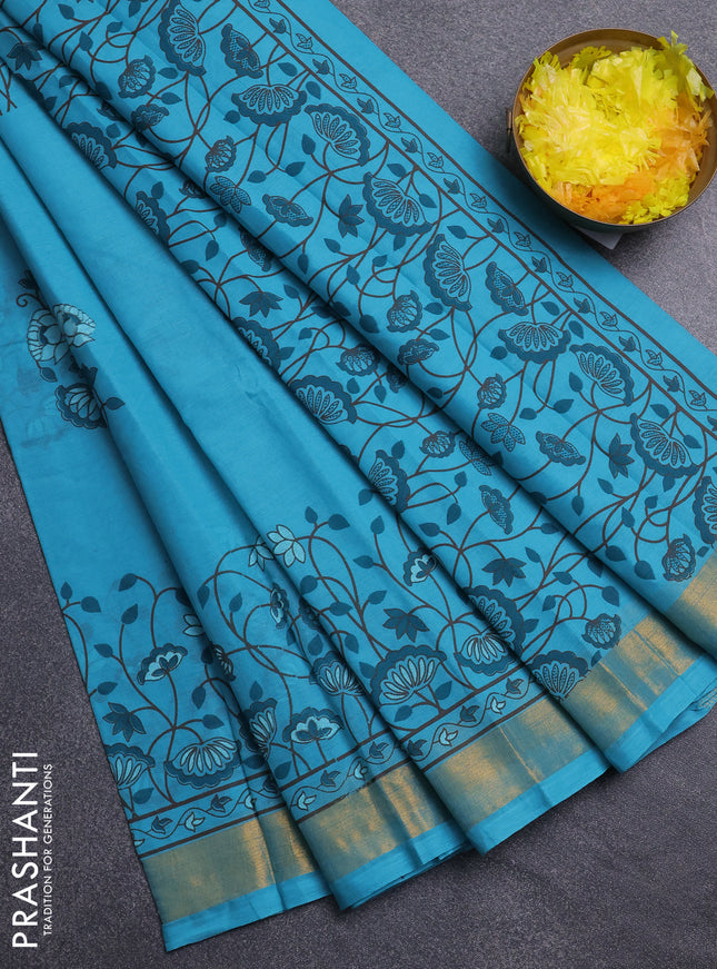 Chirala cotton saree teal blue with floral butta prints and printed zari border