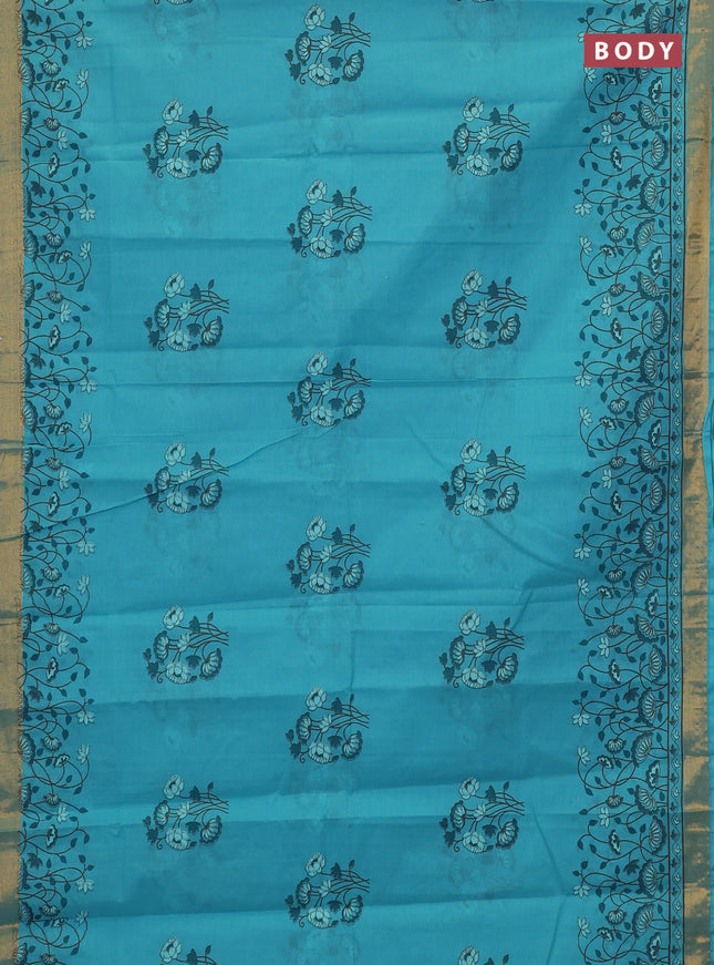 Chirala cotton saree teal blue with floral butta prints and printed zari border
