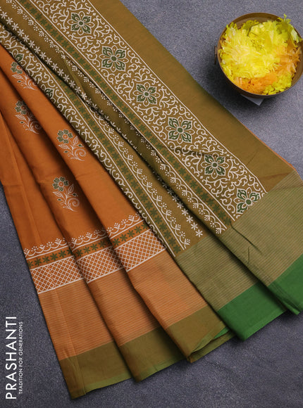 Chirala cotton saree dark mustard and green with floral butta prints and long printed border