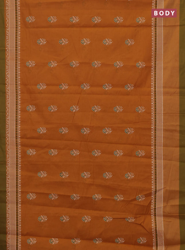 Chirala cotton saree dark mustard and green with floral butta prints and long printed border