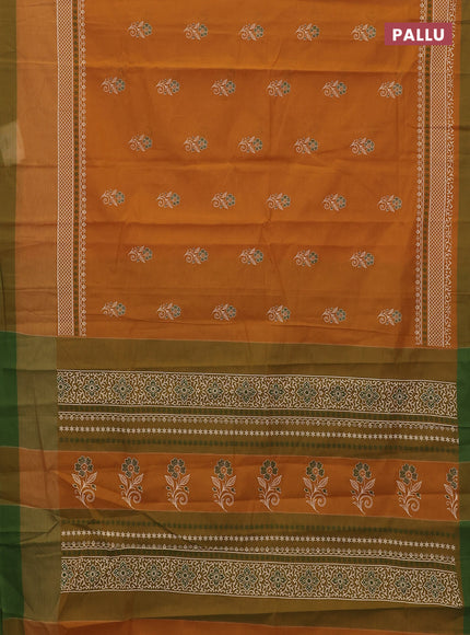 Chirala cotton saree dark mustard and green with floral butta prints and long printed border