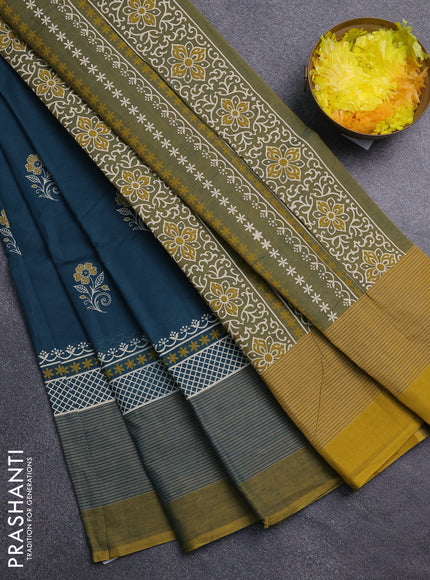Chirala cotton saree peacock blue and mustard yellow with floral butta prints and long printed border
