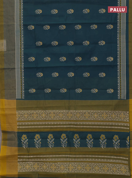 Chirala cotton saree peacock blue and mustard yellow with floral butta prints and long printed border