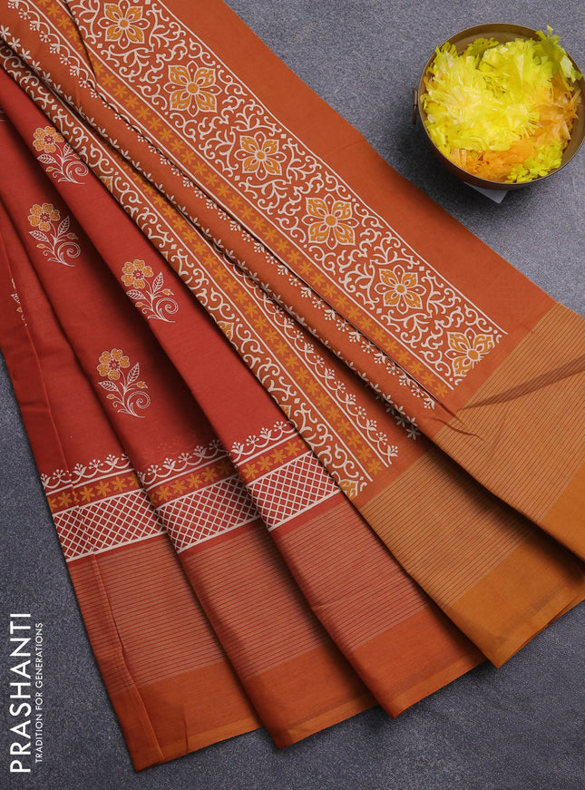 Chirala cotton saree rustic orange and dark mustard with floral butta prints and long printed border