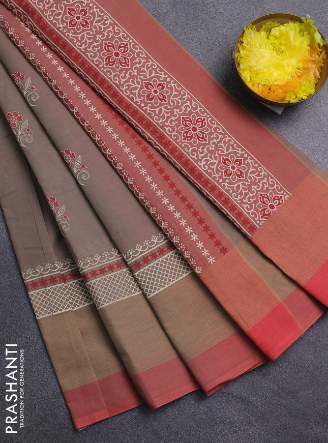 Chirala cotton saree grey shade and red with floral butta prints and long printed border