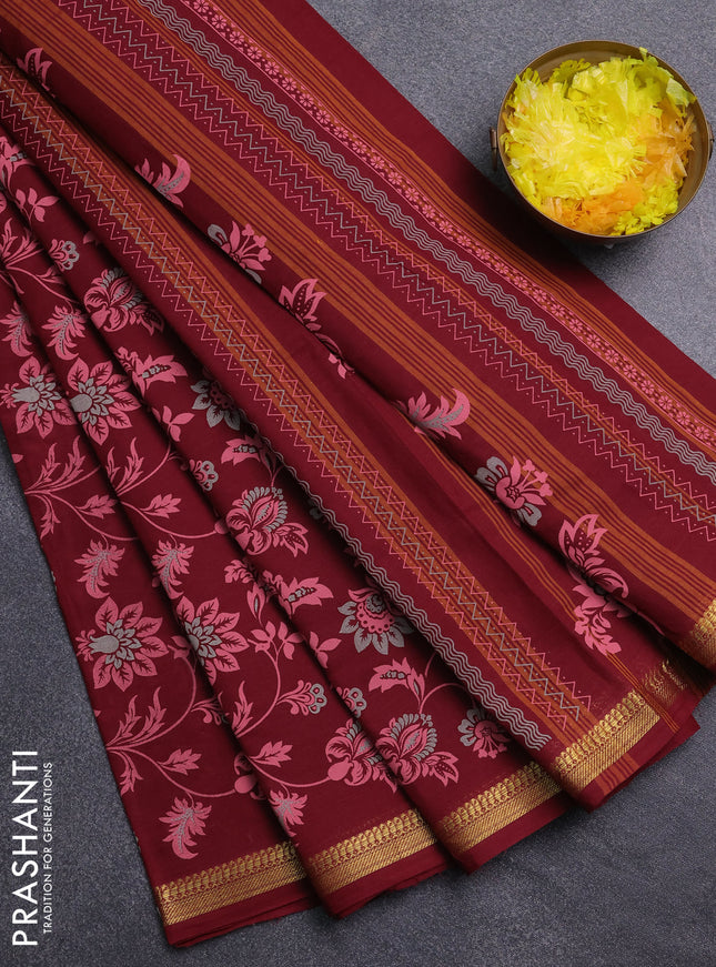 Chirala cotton saree maroon with allover prints and zari woven border