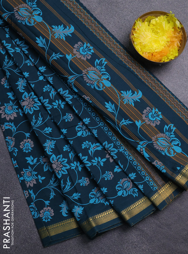 Chirala cotton saree peacock green with allover prints and zari woven border
