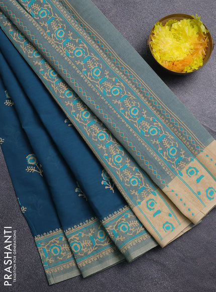 Chirala cotton saree peacock green and sandal with floral butta prints and printed border
