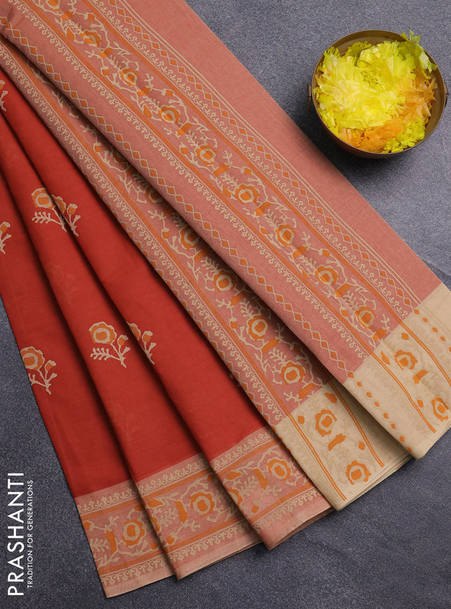 Chirala cotton saree rustic orange and sandal with floral butta prints and printed border