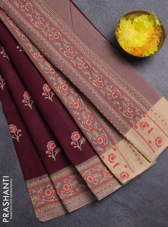 Chirala cotton saree maroon and sandal with floral butta prints and printed border