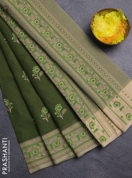Chirala cotton saree sap green and pastel green with floral butta prints and printed border