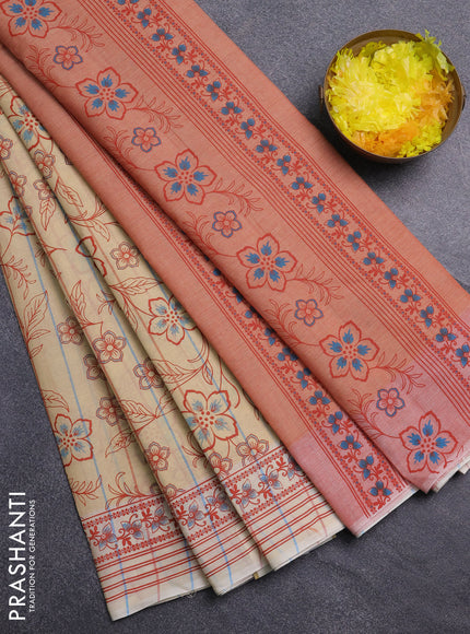 Chirala cotton saree pale yellow and red with allover prints and printed border