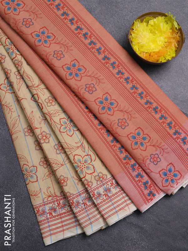 Chirala cotton saree pale yellow and red with allover prints and printed border