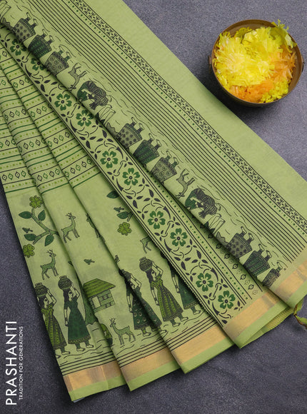 Chirala cotton saree pista green with allover prints and long printed zari border