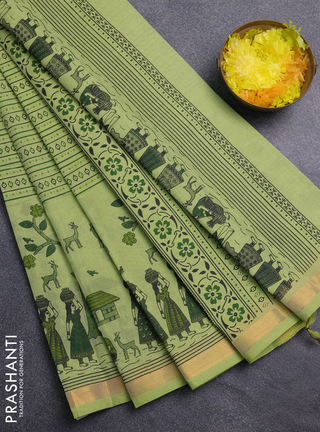 Chirala cotton saree pista green with allover prints and long printed zari border