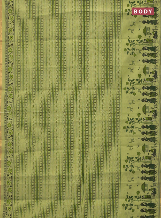 Chirala cotton saree pista green with allover prints and long printed zari border