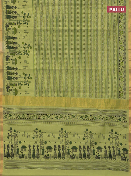Chirala cotton saree pista green with allover prints and long printed zari border