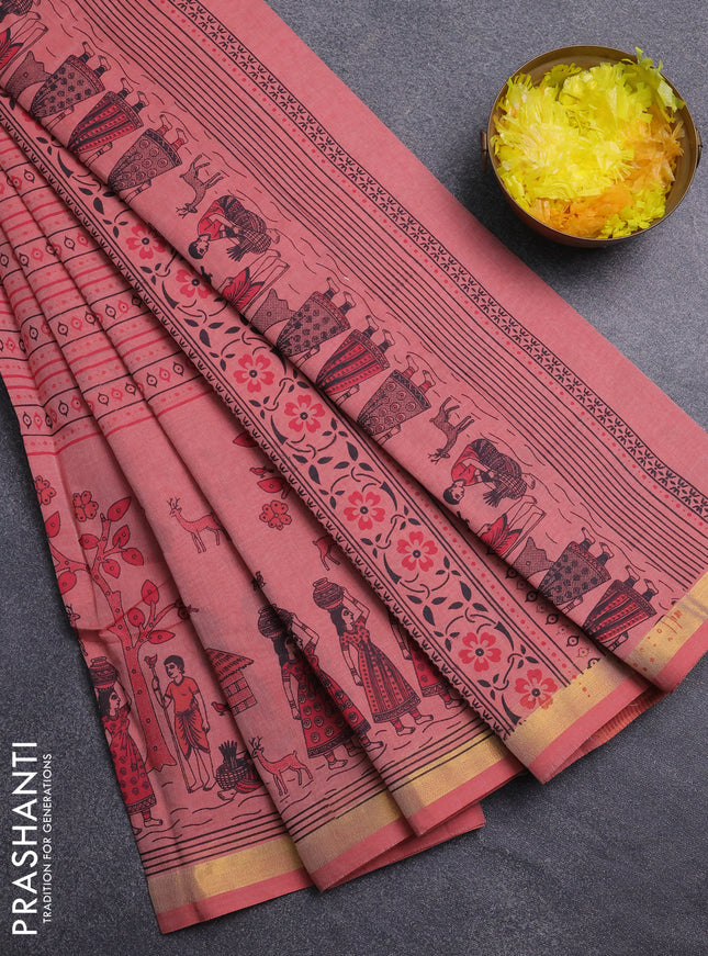 Chirala cotton saree peach shade with allover prints and long printed zari border