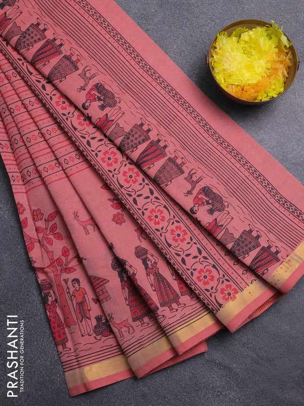Chirala cotton saree peach shade with allover prints and long printed zari border
