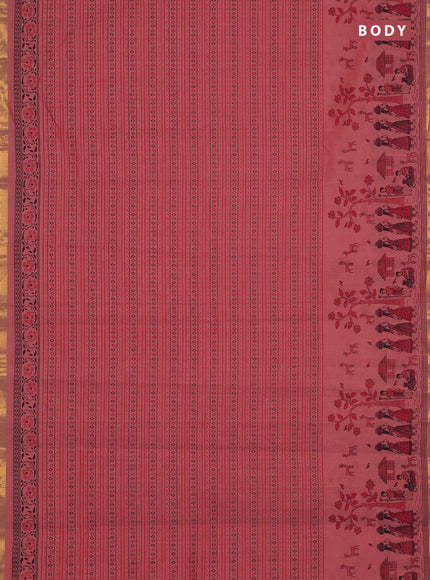 Chirala cotton saree peach shade with allover prints and long printed zari border
