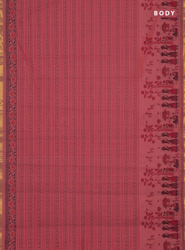 Chirala cotton saree peach shade with allover prints and long printed zari border