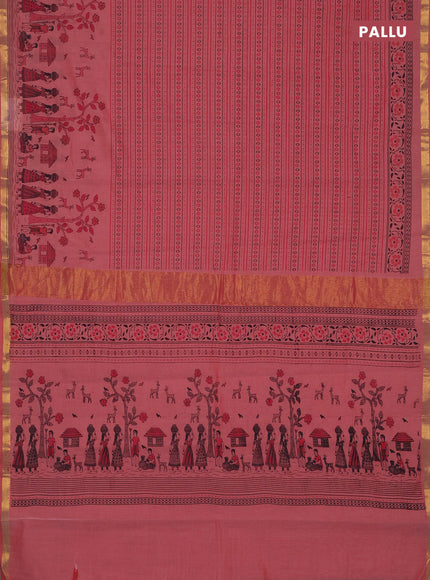 Chirala cotton saree peach shade with allover prints and long printed zari border