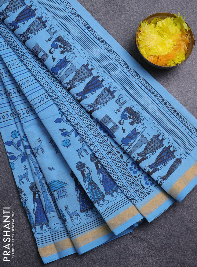 Chirala cotton saree light blue with allover prints and long printed zari border
