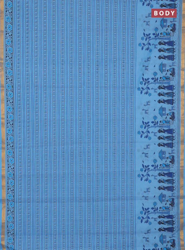 Chirala cotton saree light blue with allover prints and long printed zari border