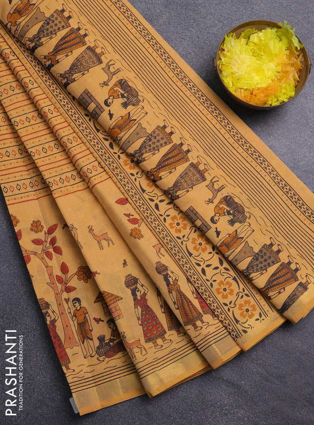 Chirala cotton saree mustard yellow with allover prints and long printed zari border