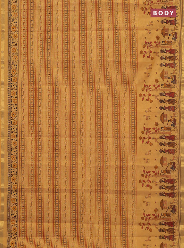 Chirala cotton saree mustard yellow with allover prints and long printed zari border