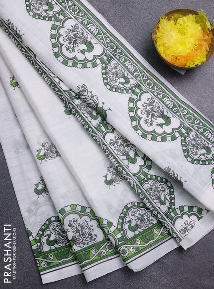 Chirala cotton saree off white and green with allover zari stripe & annam butta prints and printed border