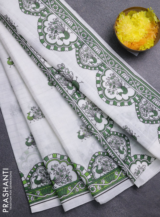 Chirala cotton saree off white and green with allover zari stripe & annam butta prints and printed border