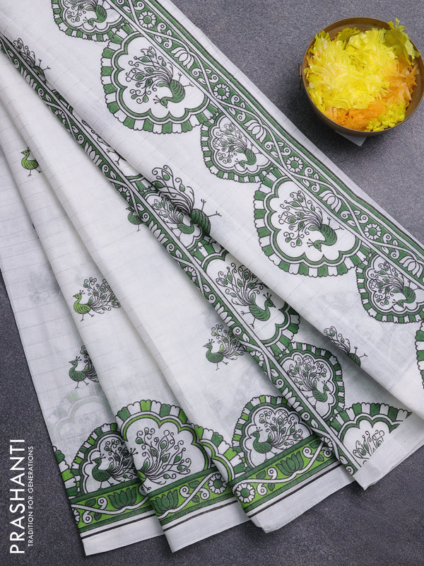 Chirala cotton saree off white and green with allover zari stripe & annam butta prints and printed border