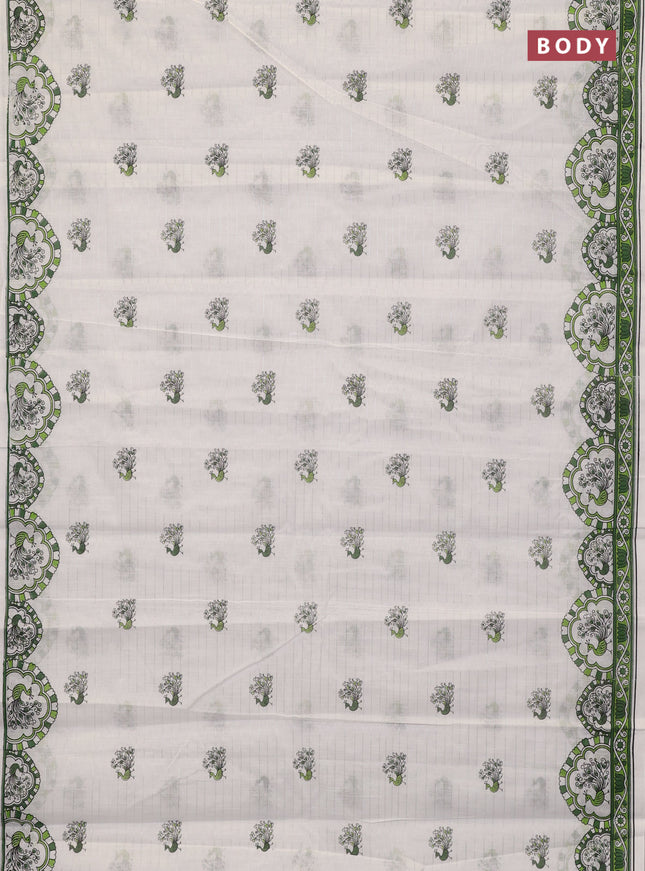 Chirala cotton saree off white and green with allover zari stripe & annam butta prints and printed border