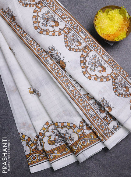 Chirala cotton saree off white and mustard yellow with allover zari stripe & annam butta prints and printed border